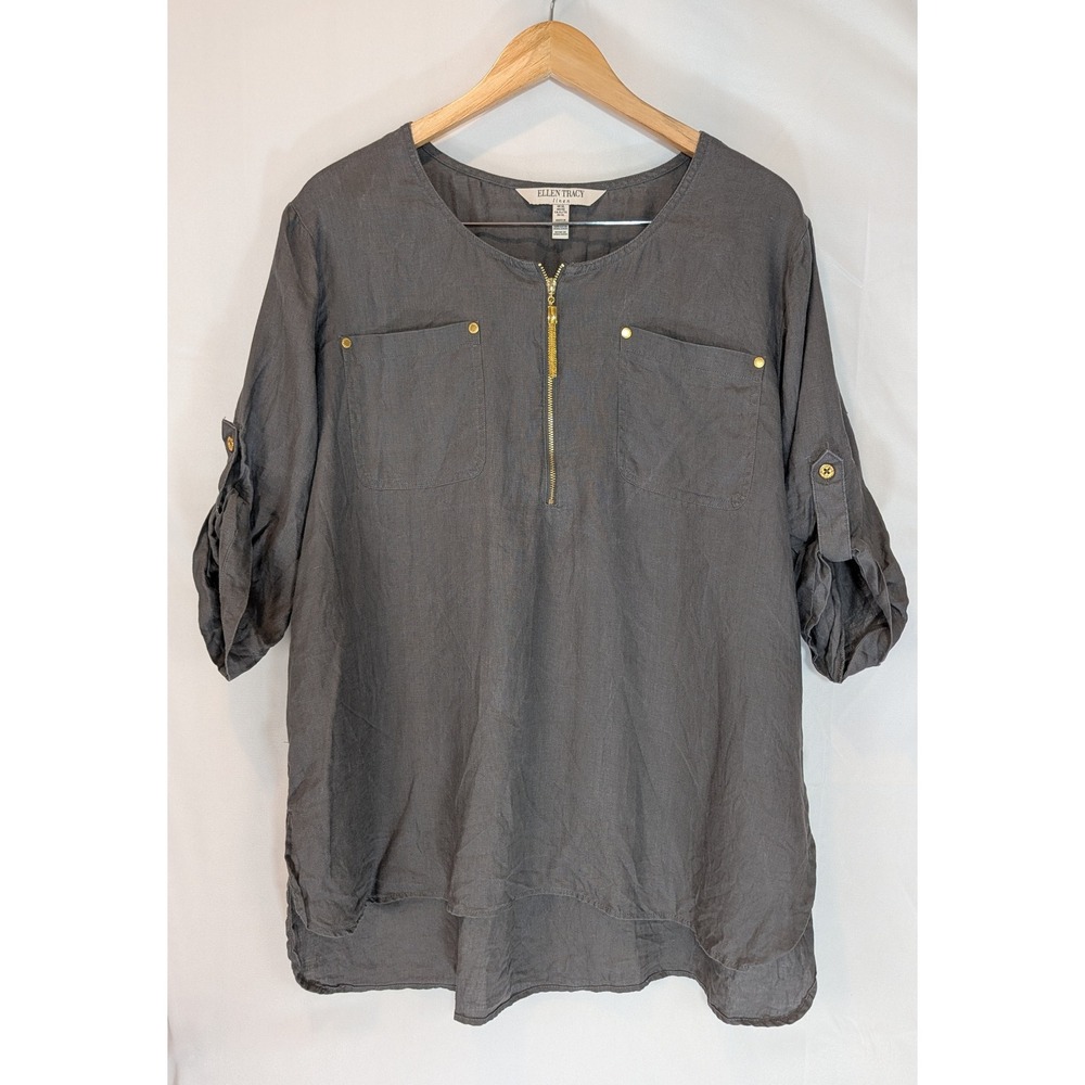 Ellen Tracy Linen Tunic Top Grey Gold Zip Roll Tab Sleeve Blouse XL